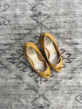 Dior Yellow Peep-Toe Leather Heels with Gold Chain Detail
